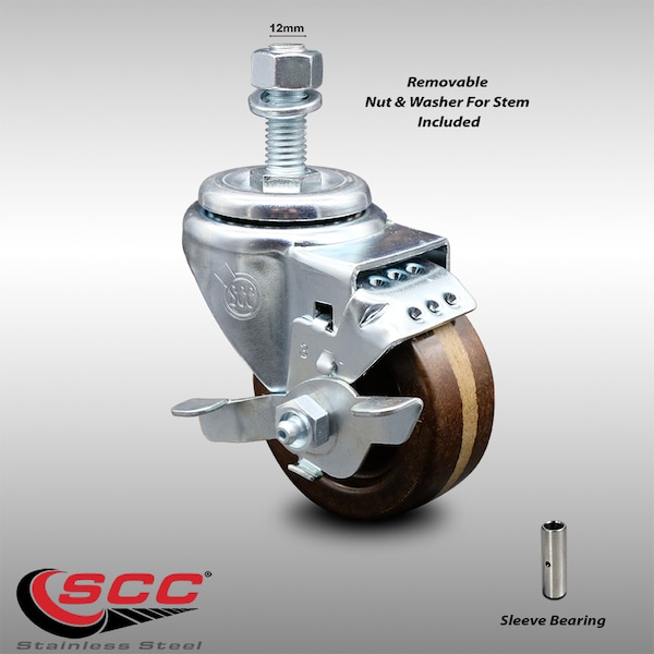 Service Caster 3 Inch SS High Temp Phenolic Swivel 12mm Threaded Stem Caster with Brake SCC SCC-SSTS20S314-PHSHT-TLB-M1215 - main
